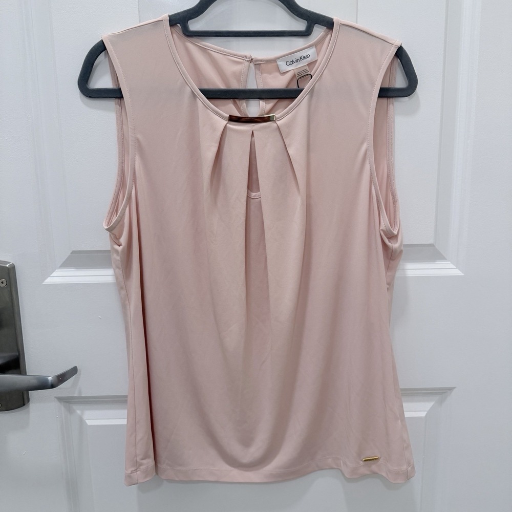 Calvin Klein Women XL Blush Pink Sleeveless Blouse Gold Bar Pleated Career NWT